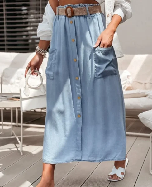 Super Soft Denim Button Front Midi Skirt